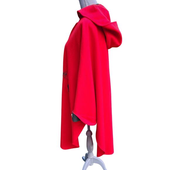 VTG 1970s Salzburg Austria Red Wool Cape Cloak Hooded Embroidered 38 - Picture 3 of 16